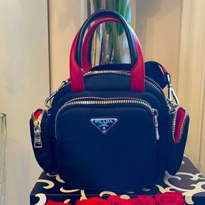 Auth Prada Bauletto Tessuto Pocket Nylon Handbag
